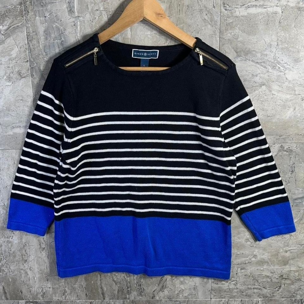 Karen Scott black‎ and blue striped sweater gold zippers on shoulders Woman L